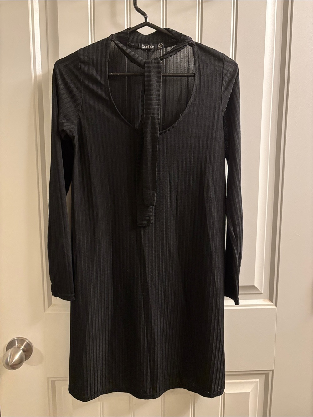 Black Long Sleeve Tie-Neck Ribbed Dress